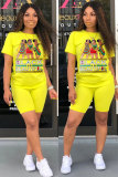 Fluorescent green Fashion Casual adult Letter Patchwork Print Two Piece Suits Straight Short Sleeve Two Pieces