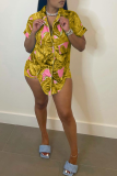 Yellow Casual Print Patchwork Turndown Collar Short Sleeve Two Pieces