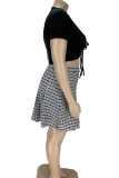 Black Sexy Plaid Print Patchwork Frenulum V Neck A Line Plus Size Two Pieces