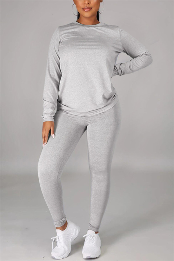 Grey Casual Solid Basic O Neck Long Sleeve Two Pieces