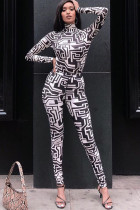 Black Sexy Two Piece Suits Patchwork Striped pencil Long Sleeve Two-piece Pants Set