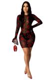 Black adult Sexy Fashion Cap Sleeve Long Sleeves O neck Step Skirt Mini Ombre perspective Patchw