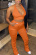 Tangerine Red Casual Solid Bandage Patchwork Backless Halter Sleeveless Two Pieces