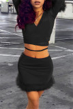 Black Fashion Sexy Solid Leopard Patchwork V Neck Long Sleeve Two Pieces
