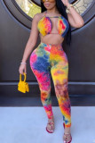 Pink Fashion Casual Tie-dyed Backless Milk. Sleeveless Hanging neck Jumpsuits