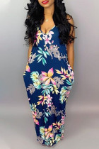 Navy Blue Casual Off The Shoulder Sleeveless Slip Swagger Floor-Length Print Patchwork