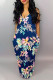Navy Blue Casual Off The Shoulder Sleeveless Slip Swagger Floor-Length Print Patchwork
