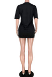 Black Fashion adult Ma'am Street Cap Sleeve Half Sleeves O neck Step Skirt skirt Print Dresses