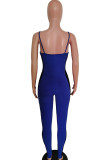 Blue Fashion street Patchwork Mesh Solid Sleeveless V Neck Jumpsuits