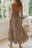 Leopard Print Elegant Leopard Cross Straps V Neck Cake Skirt Dresses