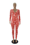 Red Living Print V Neck Skinny Jumpsuits
