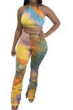 Orange Fashion Casual adult Ma'am Halter Print backless Two Piece Suits Stitching Plus Size