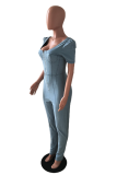 Baby Blue Sexy Solid Patchwork V Neck Short Sleeve Skinny Denim Jumpsuits