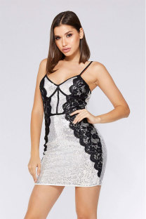 White Fashion Sexy Spaghetti Strap Sleeveless Slip Slim Dress Mini Sequin Patchwork Club Dresses
