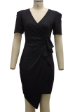 Red Casual Solid Patchwork V Neck Irregular Dress Dresses