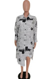 Black and white Casual Spandex Letter Patchwork Print Patchwork Buckle Basic Turn-back Collar Long Sleeve Knee Length Asymmetrical Dresses