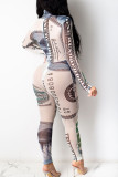 purple Fashion Sexy Gauze Patchwork Print See-through Half A Turtleneck Skinny Jumpsuits