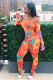 Orange Sexy Fashion Print Long Sleeve one word collar Jumpsuits