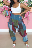 Light Blue Fashion Casual Print Pocket Regular High Waist Trousers