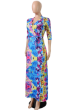 Pink Sexy Print Patchwork V Neck Waist Skirt Dresses