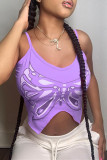 Rose Red Fashion Sexy Print Backless Asymmetrical Spaghetti Strap Tops