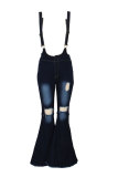Light Blue Dark Blue Denim Bib pants Sleeveless High Patchwork Solid Hole Boot Cut Pants Bottoms