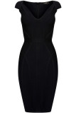 Black Sexy Cap Sleeve Short Sleeves V Neck Step Skirt Knee-Length Solid