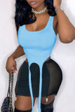 Blue Sexy Solid Patchwork See-through U Neck Sleeveless Two Pieces