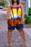 Red Fashion Casual Tie Dye Printing Spaghetti Strap Regular Romper