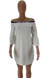 White One word collar Three Quarter Solid asymmetrical Patchwork ruffle Long Sleeve Tops
