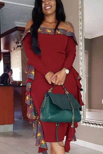 Red Sexy Fashion Off The Shoulder Long Sleeves One word collar A-Line Ankle-Length Patchwork 