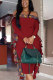 Red Sexy Fashion Off The Shoulder Long Sleeves One word collar A-Line Ankle-Length Patchwork 