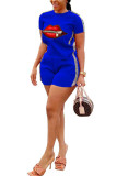 Blue Fashion Casual Patchwork Print Two Piece Suits pencil Short Sleeve Two Pieces