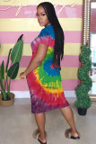 Blue Fashion Casual adult White Blue Green Pink Yellow Multi-color multicolor Cap Sleeve Short Sleeves O neck A-Line Mid-Calf Print Patchwork Ombre bandage Dresses
