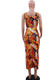 Orange Yellow Casual Print Bandage Patchwork U Neck Sleeveless Two Pieces