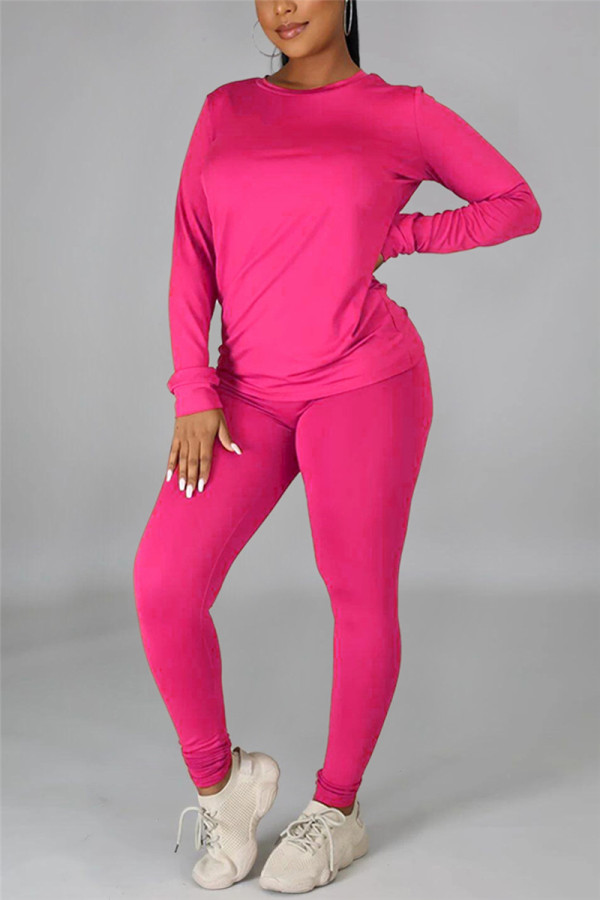 Rose Red Casual Solid Basic O Neck Long Sleeve Two Pieces