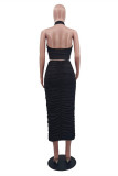 Silver Sexy Solid Hollowed Out Backless Fold Halter Sleeveless Two Pieces