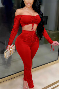 Red Sexy Solid Patchwork Draw String Fold Strapless Long Sleeve Short Two Pieces【Special offer, no returns or exchanges.】