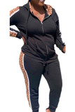 Black Casual England Leopard Patchwork Straight Long Sleeve Two Pieces