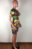 Red Casual Print Zippered Patchwork Short Sleeve Two Pieces