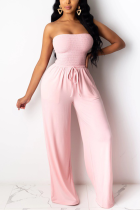 Pink Sweet Solid Patchwork Strapless Regular Jumpsuits