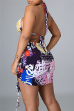 Blue Fashion Sexy Print Draw String Long Sleeve Four-piece Set