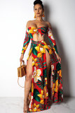Red Sexy Fashion Off The Shoulder Long Sleeves Wrapped chest Step Skirt Ankle-Length Print split Patchwo