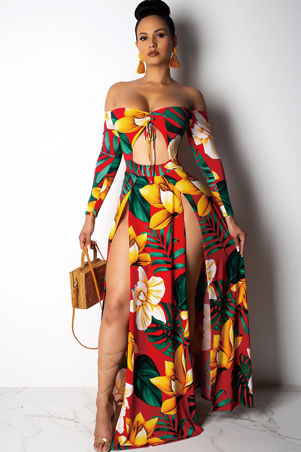 Red Sexy Fashion Off The Shoulder Long Sleeves Wrapped chest Step Skirt Ankle-Length Print split Patchwo