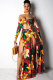 Red Sexy Fashion Off The Shoulder Long Sleeves Wrapped chest Step Skirt Ankle-Length Print split Patchwo