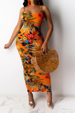 Orange Sexy Print Patchwork Spaghetti Strap Pencil Skirt Dresses