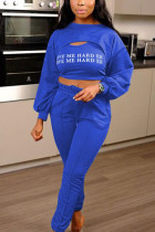 Dark Blue Sexy Print O Neck Long Sleeve Regular Sleeve Two Pieces