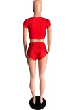 Red Casual Letter Print Solid Bandage Straight Short Sleeve Two Pieces