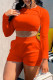 Tangerine Red Fashion Casual Solid Backless Strap Design O Neck Long Sleeve Two Pieces
