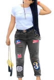 Grey Street Print Embroidered Patchwork Mid Waist Regular Denim (Without Belt)